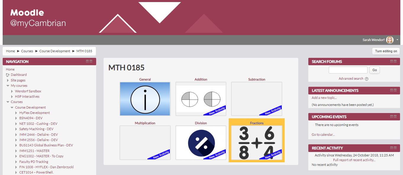 Screenshot of Carol's Moodle Page
