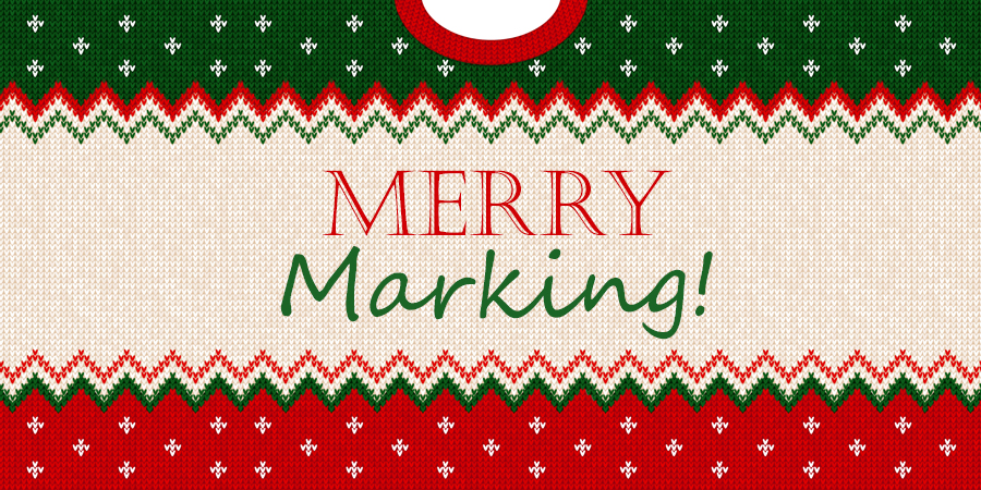 Photo of ugly Christmas sweater saying "Merry Marking"