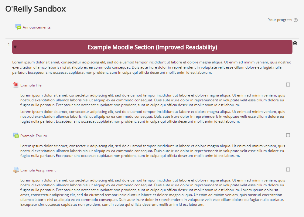 Screenshot of Moodle course using blank space more effectively