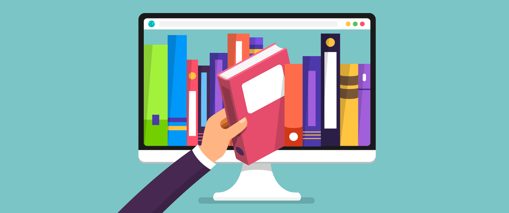 A hand reaching into a computer monitor pulling out a book from a book shelf