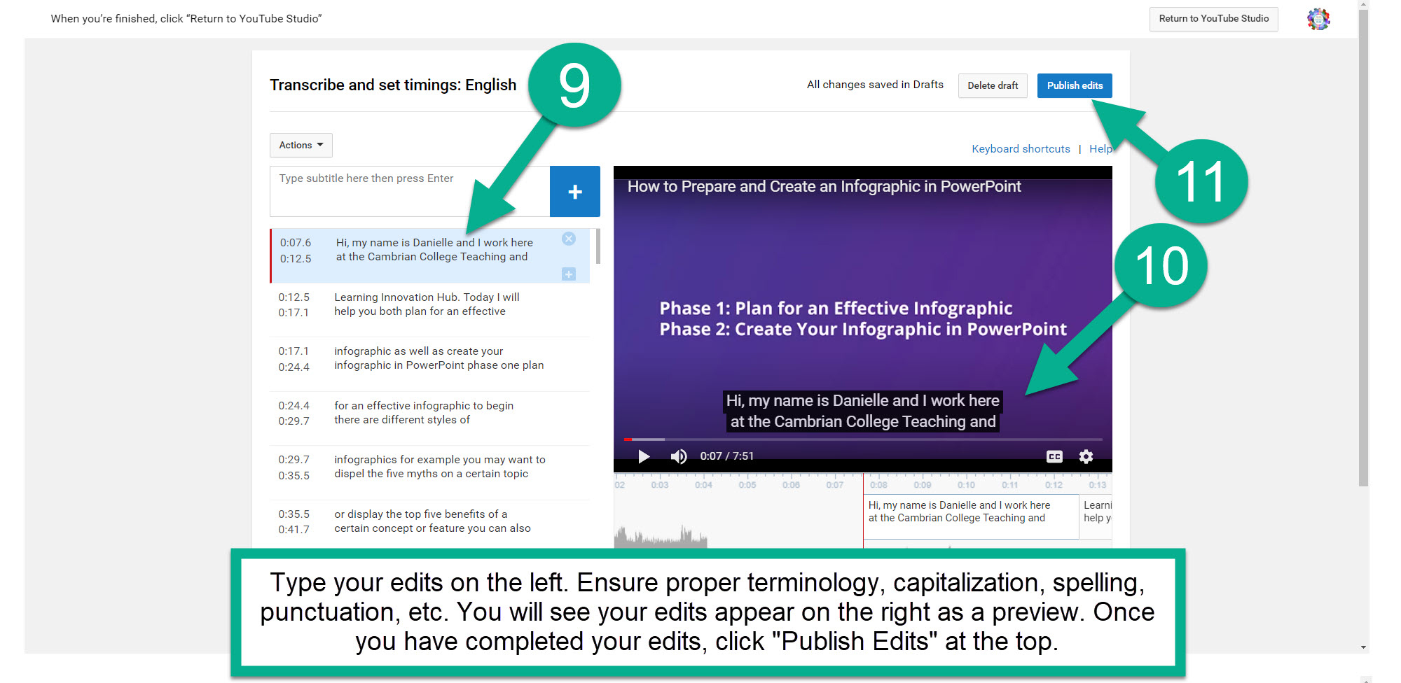 Steps 9-11: Type your edits on the left. Ensure proper terminology, capitalization, spelling, punctuation, etc. You will see your edits appear on the right as a preview. Once you have completed your edits, click "Publish Edits" at the top.